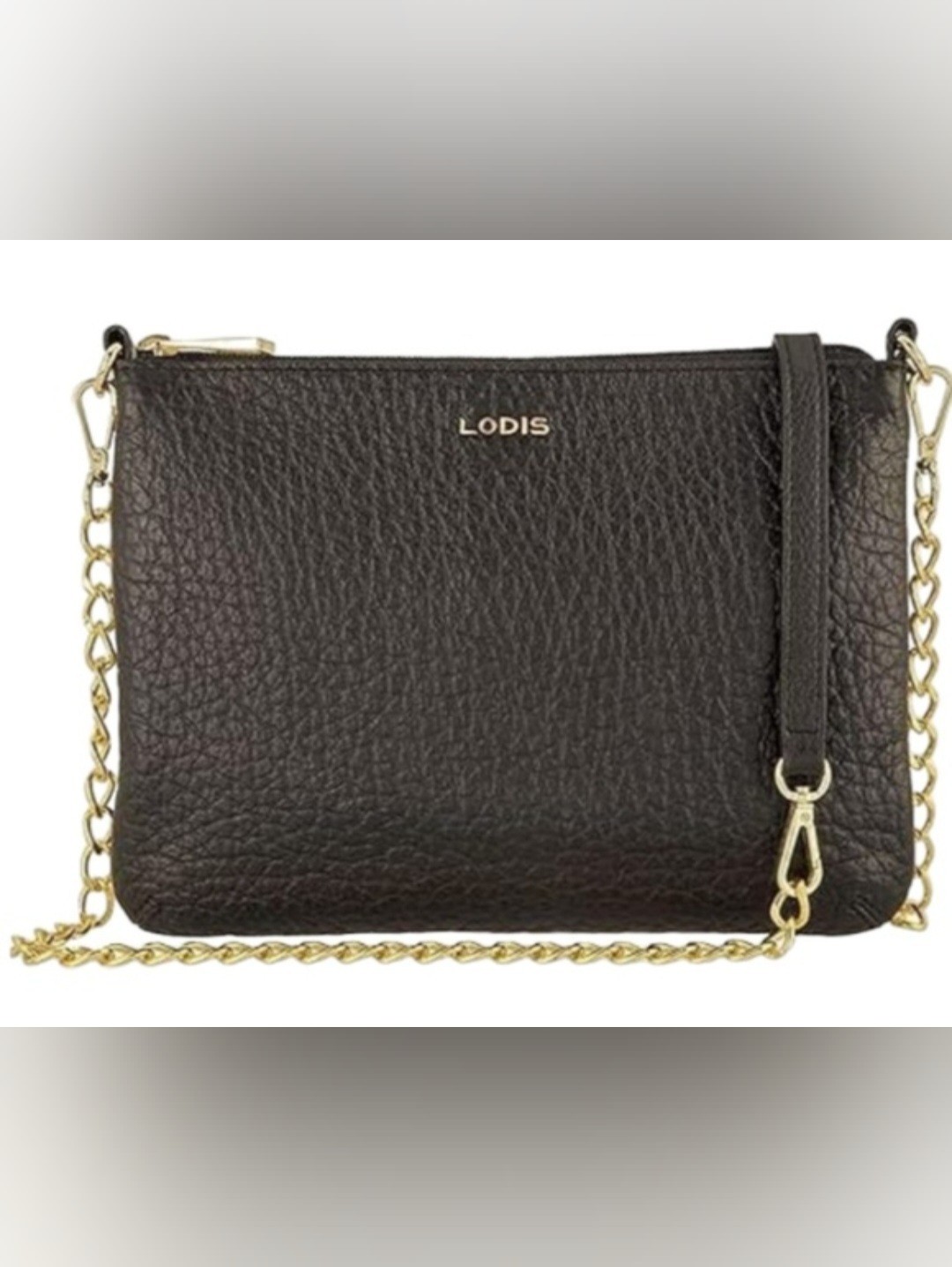 Lodis Emily 5-Way 100%Pebbled Leather Crossbody Bag Black/Gold Chain 9"7"0.75"